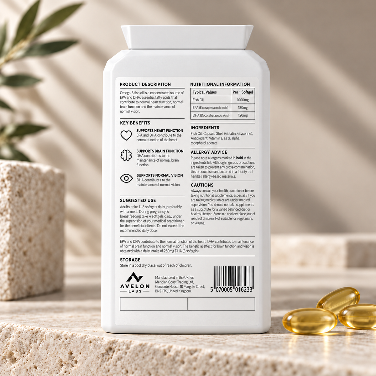 Avelon Labs Omega-3 Fish Oil 1000mg – 90 Softgel Capsules