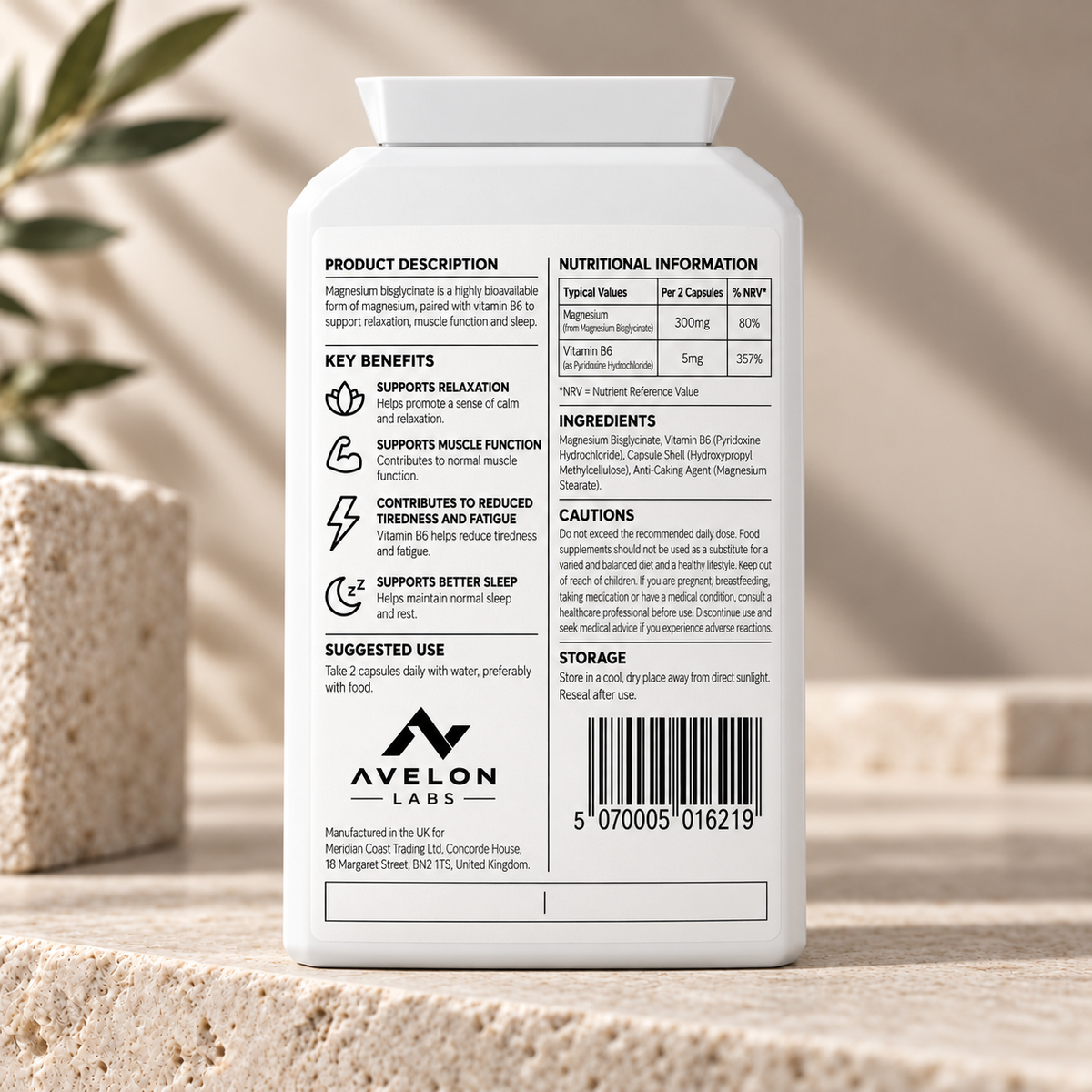 Avelon Labs Magnesium Bisglycinate & Vitamin B6 – 60 Capsules