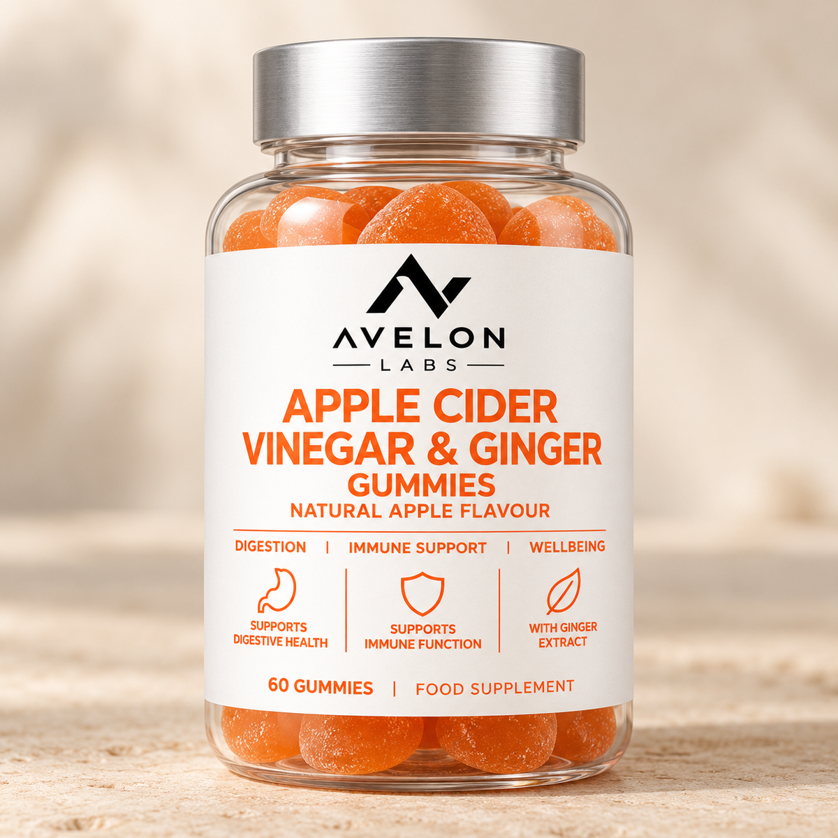 Avelon Labs Apple Cider Vinegar & Ginger - 60 Natural Apple Flavour Gummies