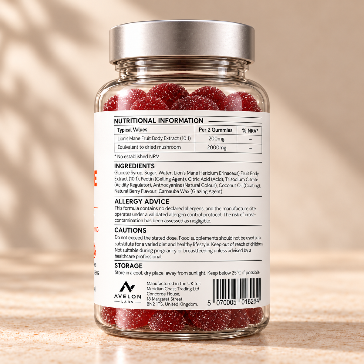 Avelon Labs Lion’s Mane Gummies – Natural Berry Flavour - 60 Gummies