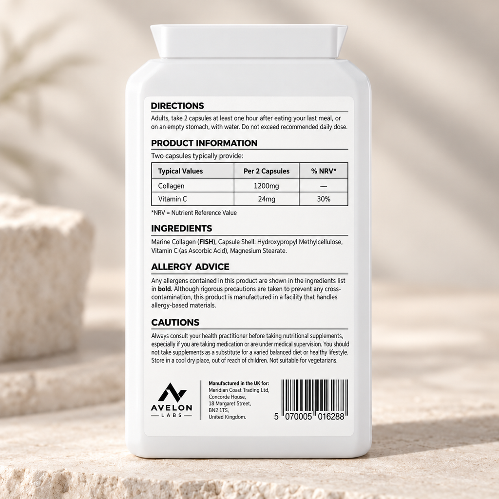 Avelon Labs Hydrolysed Marine Collagen + Vitamin C 600mg – 60 Capsules