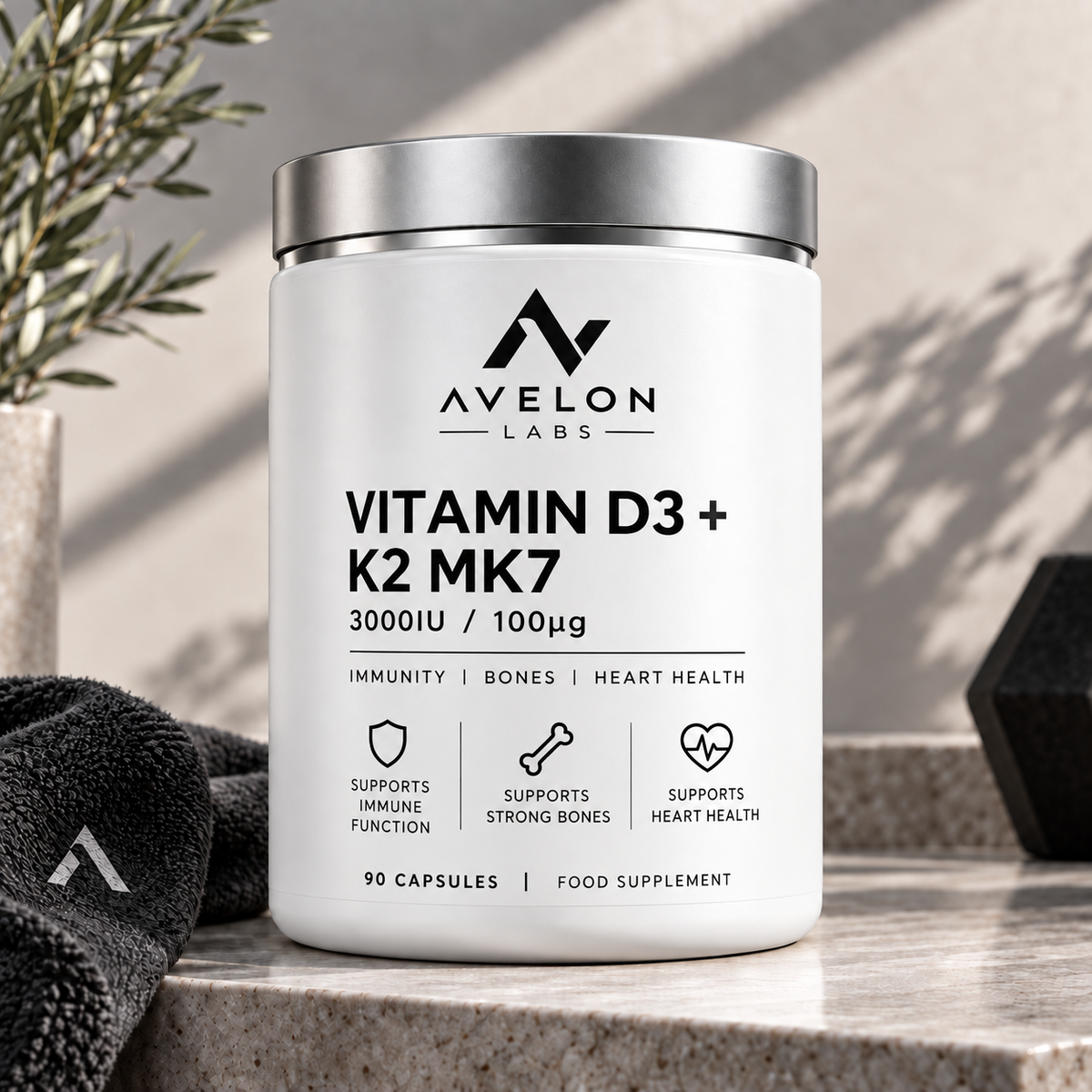 Avelon Labs Vitamin D3 + K2 – Immune, Bone & Muscle Support - 90 Capsules