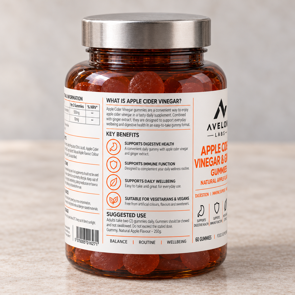 Avelon Labs Apple Cider Vinegar & Ginger - 60 Natural Apple Flavour Gummies