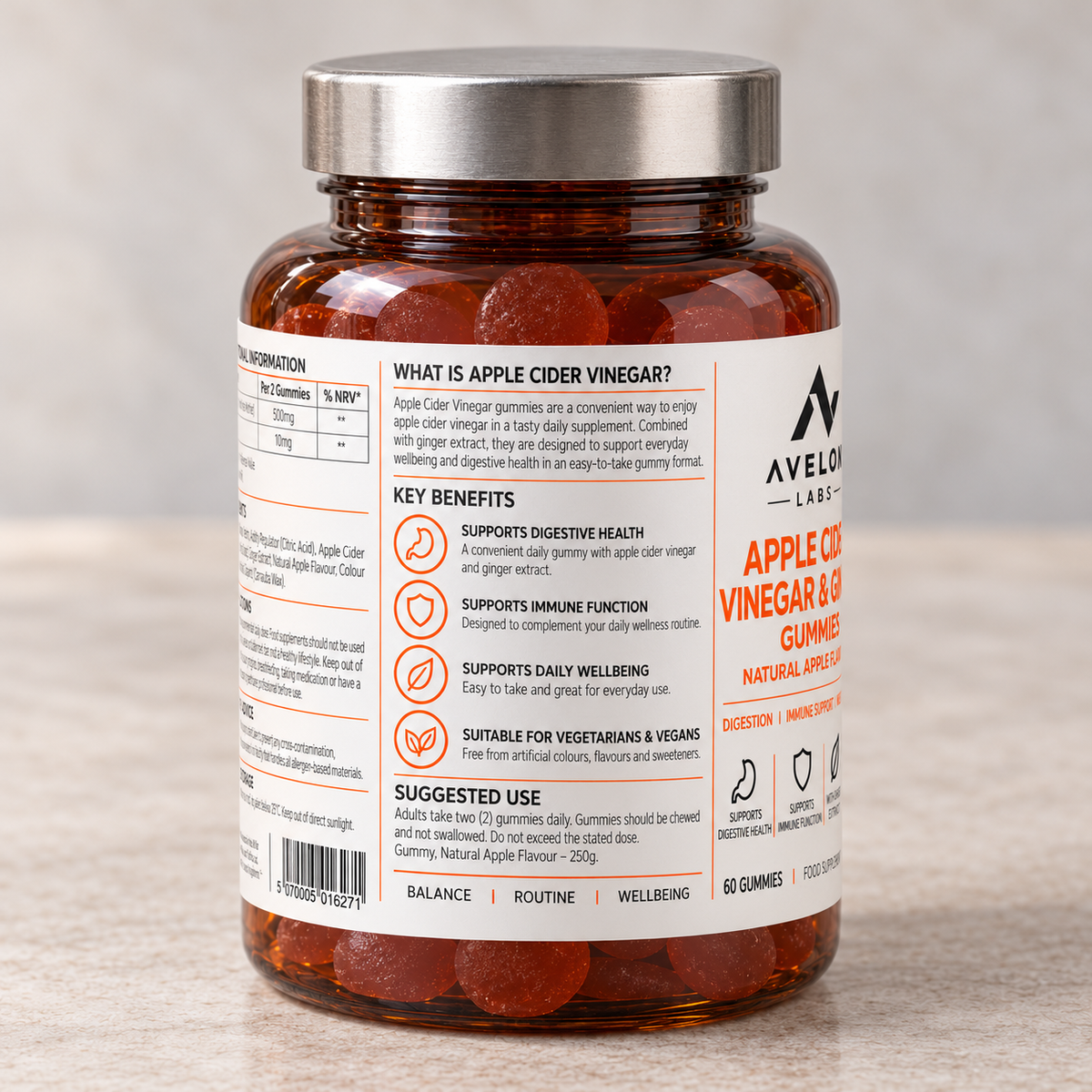 Avelon Labs Apple Cider Vinegar & Ginger - 60 Natural Apple Flavour Gummies
