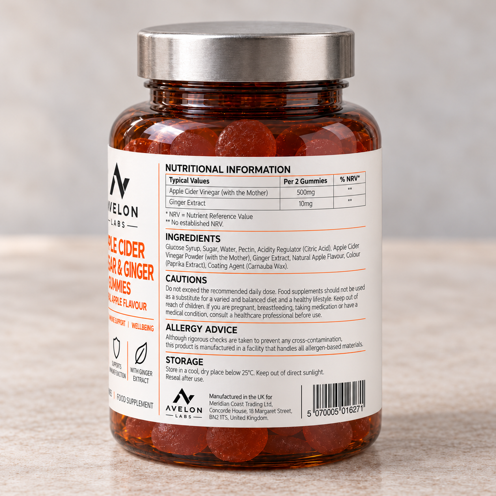 Avelon Labs Apple Cider Vinegar & Ginger - 60 Natural Apple Flavour Gummies